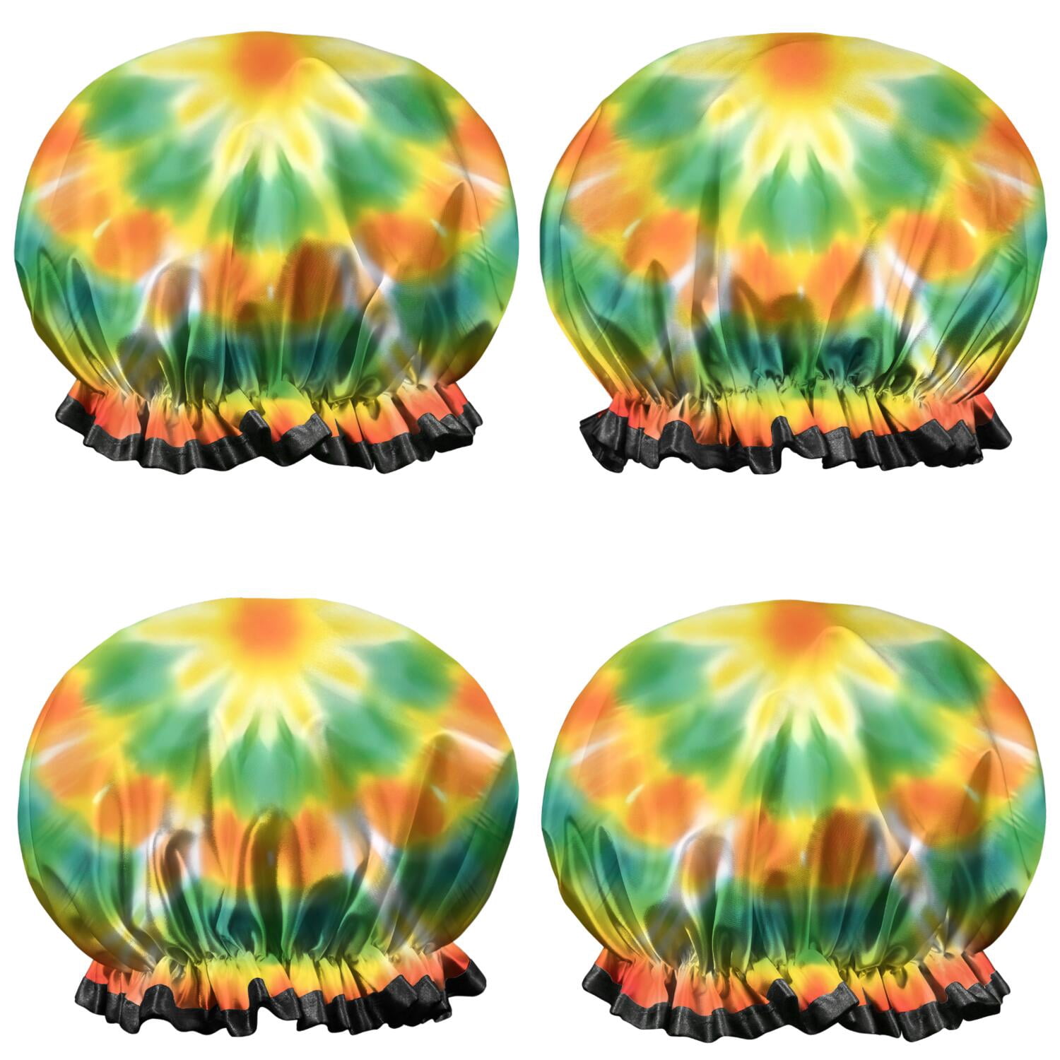 Shower Caps,Colorful Rainbow Tie Dye Spiral Pattern Waterproof Shower Cap for Women 4 Pieces,Double Reusable Hair Cover for Shower PEVA Elastic Stretch Hem