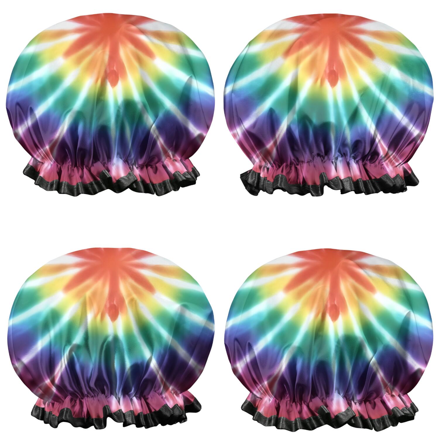 Shower Caps,Colorful Rainbow Tie Dye Spiral Pattern Waterproof Shower Cap for Women 4 Pieces,Double Reusable Hair Cover for Shower PEVA Elastic Stretch Hem