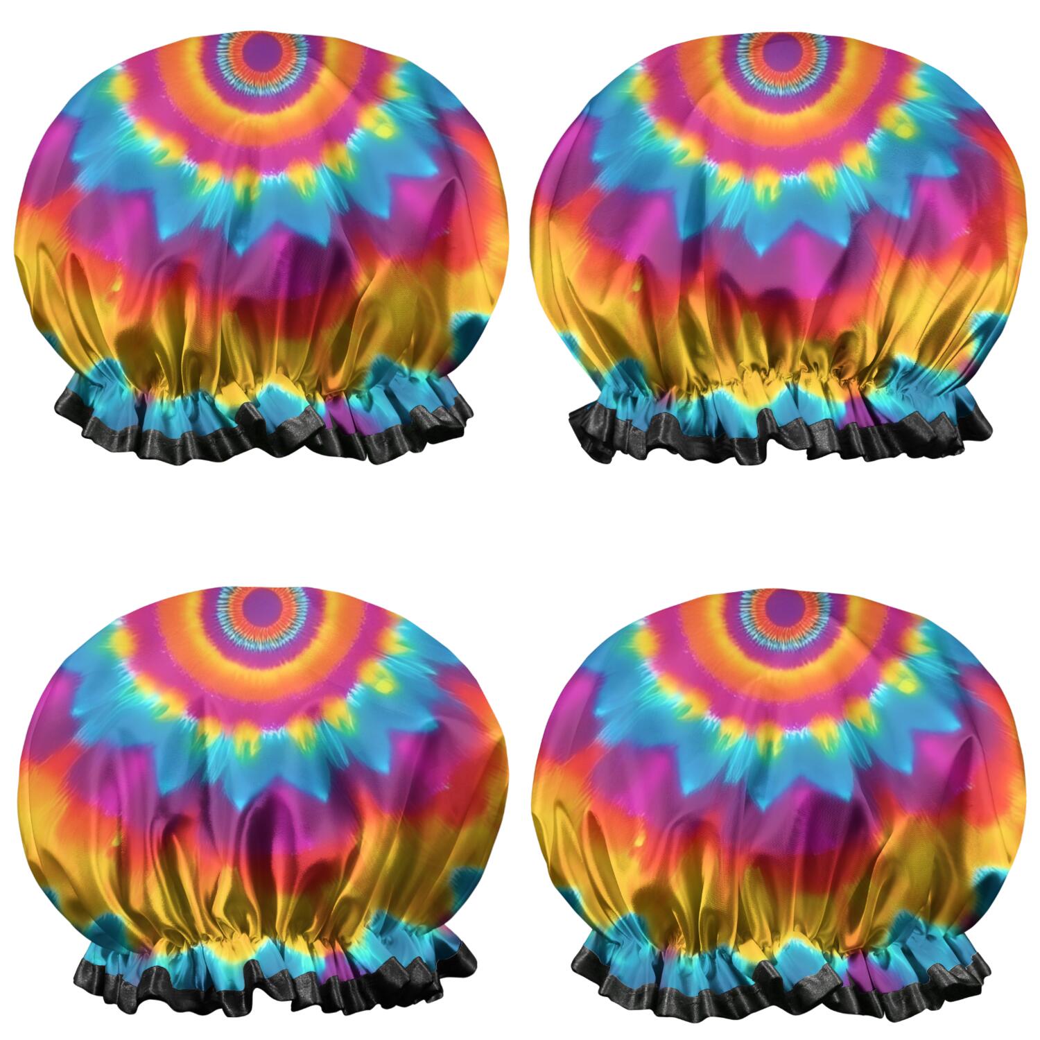 Shower Caps,Colorful Rainbow Tie Dye Spiral Pattern Waterproof Shower Cap for Women 4 Pieces,Double Reusable Hair Cover for Shower PEVA Elastic Stretch Hem
