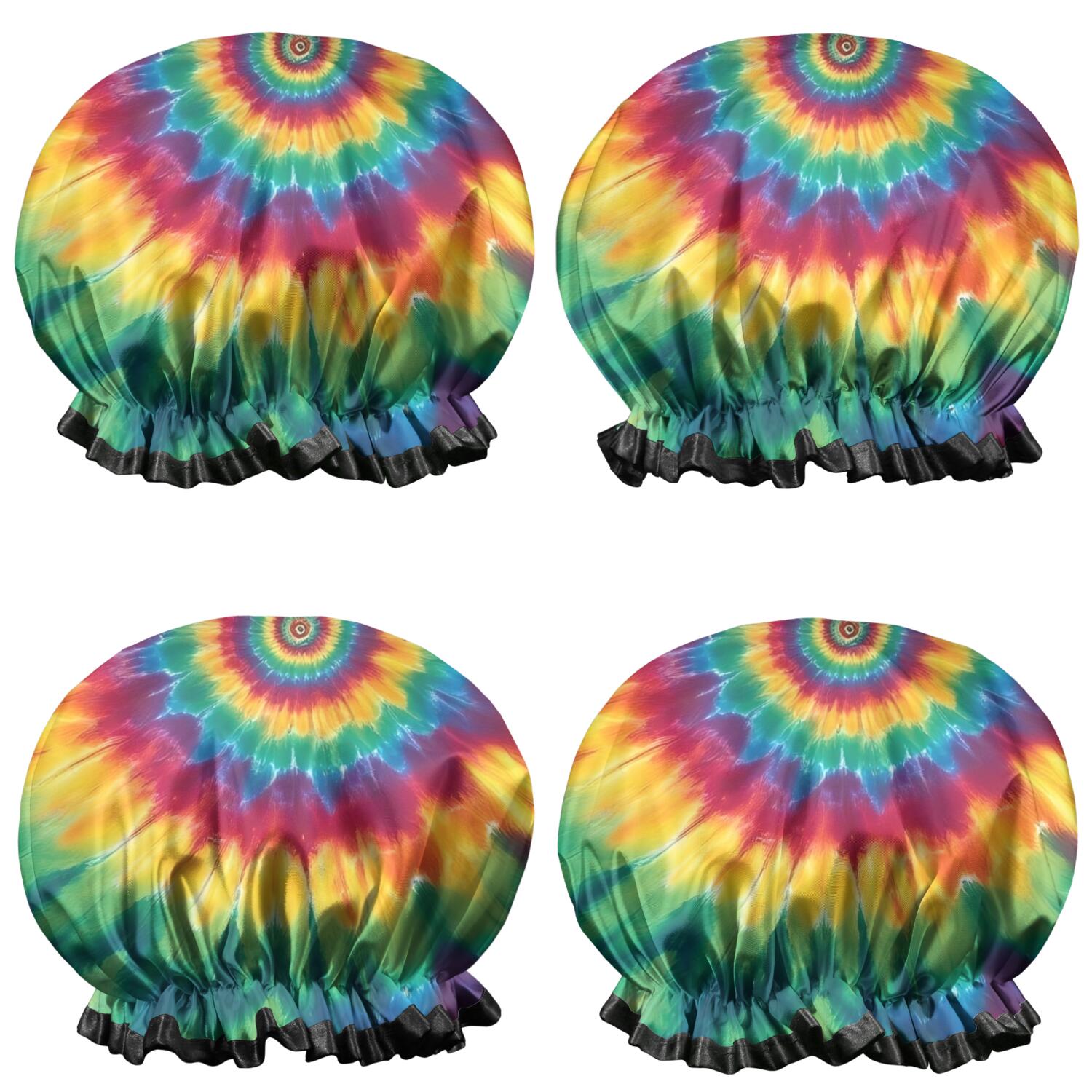 Shower Caps,Colorful Rainbow Tie Dye Spiral Pattern Waterproof Shower Cap for Women 4 Pieces,Double Reusable Hair Cover for Shower PEVA Elastic Stretch Hem