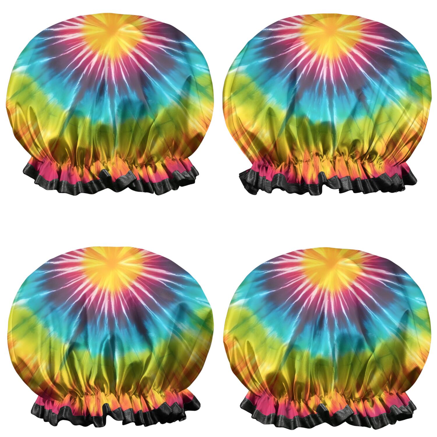 Shower Caps,Colorful Rainbow Tie Dye Spiral Pattern Waterproof Shower Cap for Women 4 Pieces,Double Reusable Hair Cover for Shower PEVA Elastic Stretch Hem