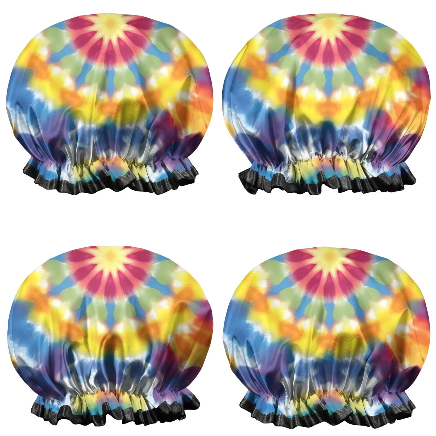 Shower Caps,Colorful Rainbow Tie Dye Spiral Pattern Waterproof Shower Cap for Women 4 Pieces,Double Reusable Hair Cover for Shower PEVA Elastic Stretch Hem