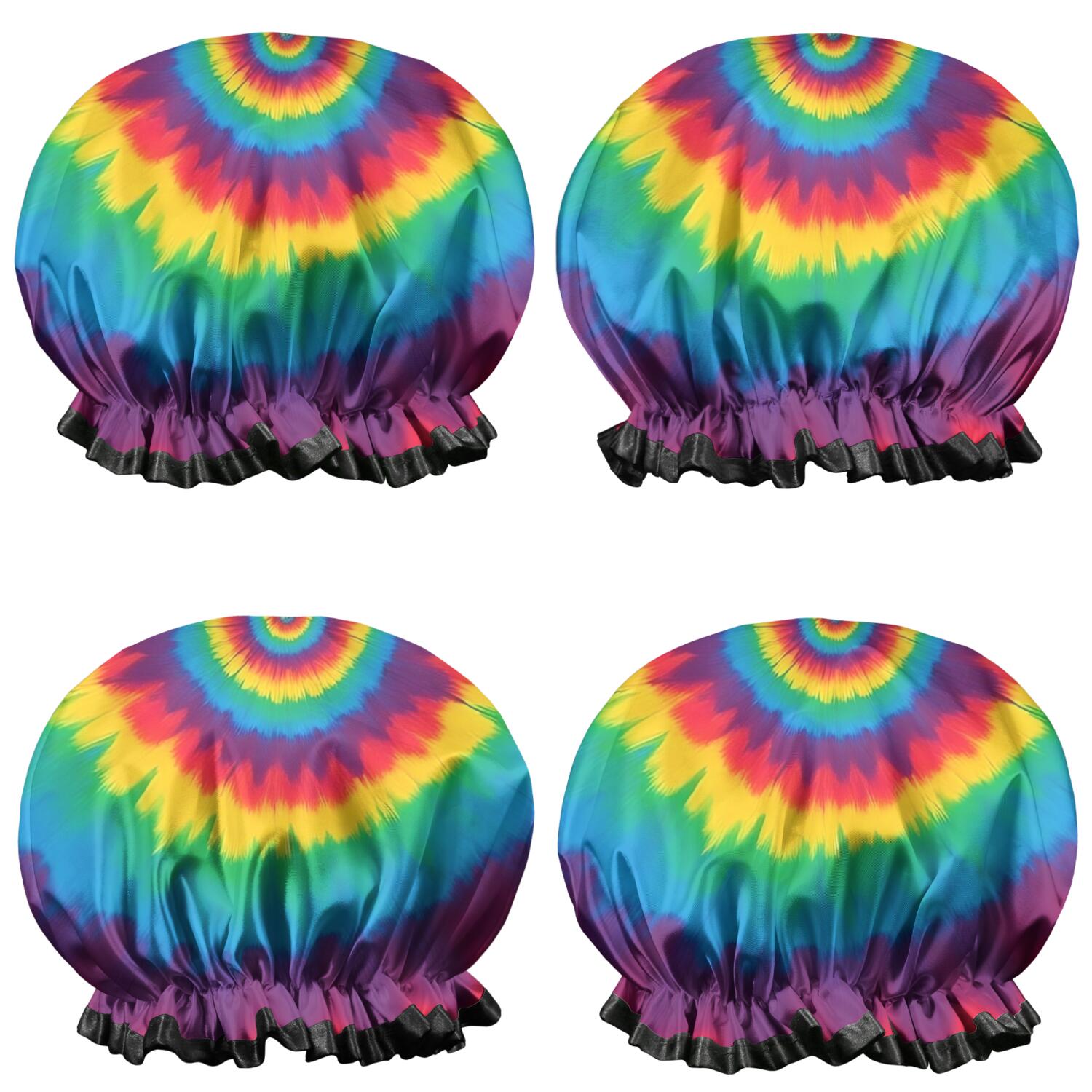 Shower Caps,Colorful Rainbow Tie Dye Spiral Pattern Waterproof Shower Cap for Women 4 Pieces,Double Reusable Hair Cover for Shower PEVA Elastic Stretch Hem