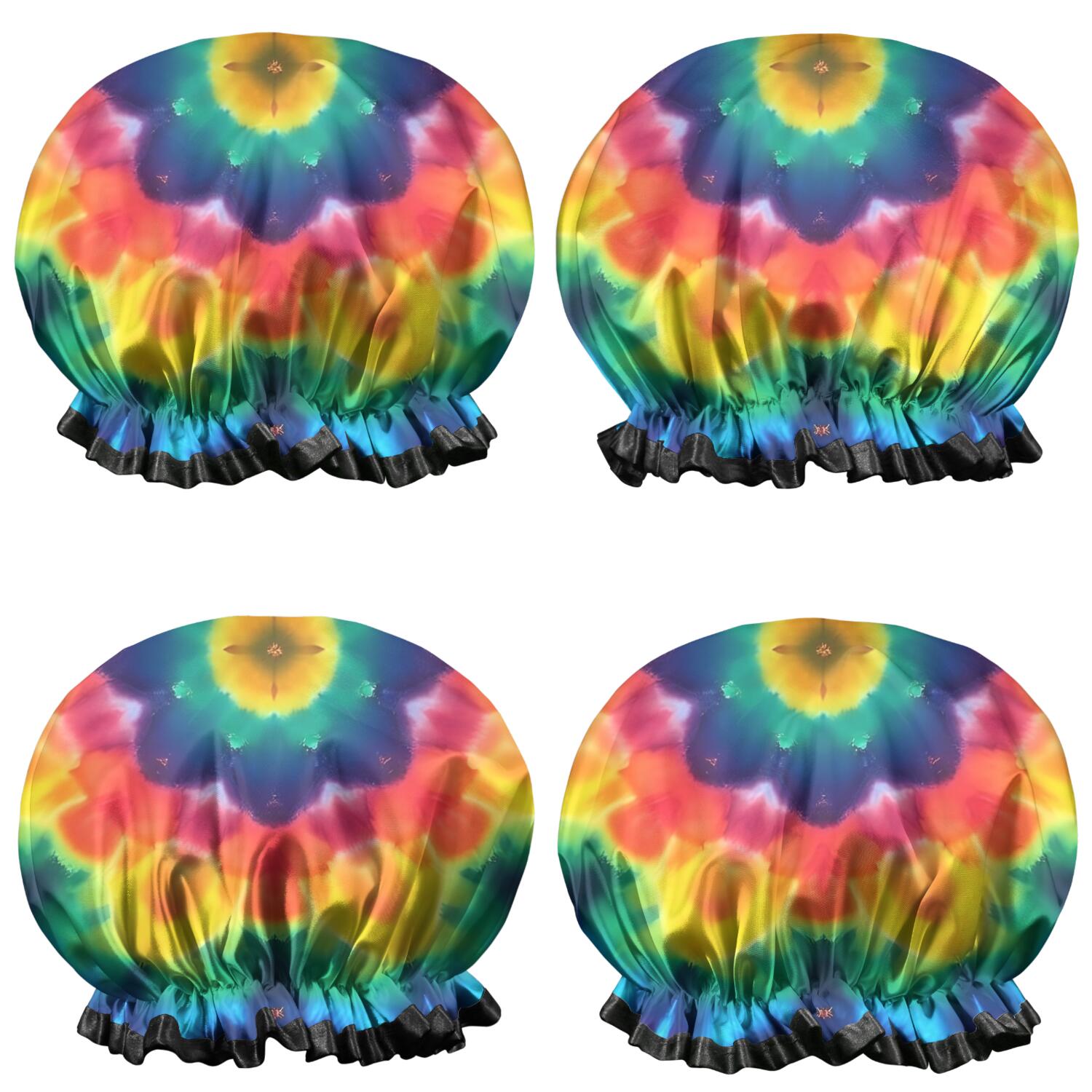Shower Caps,Colorful Rainbow Tie Dye Spiral Pattern Waterproof Shower Cap for Women 4 Pieces,Double Reusable Hair Cover for Shower PEVA Elastic Stretch Hem