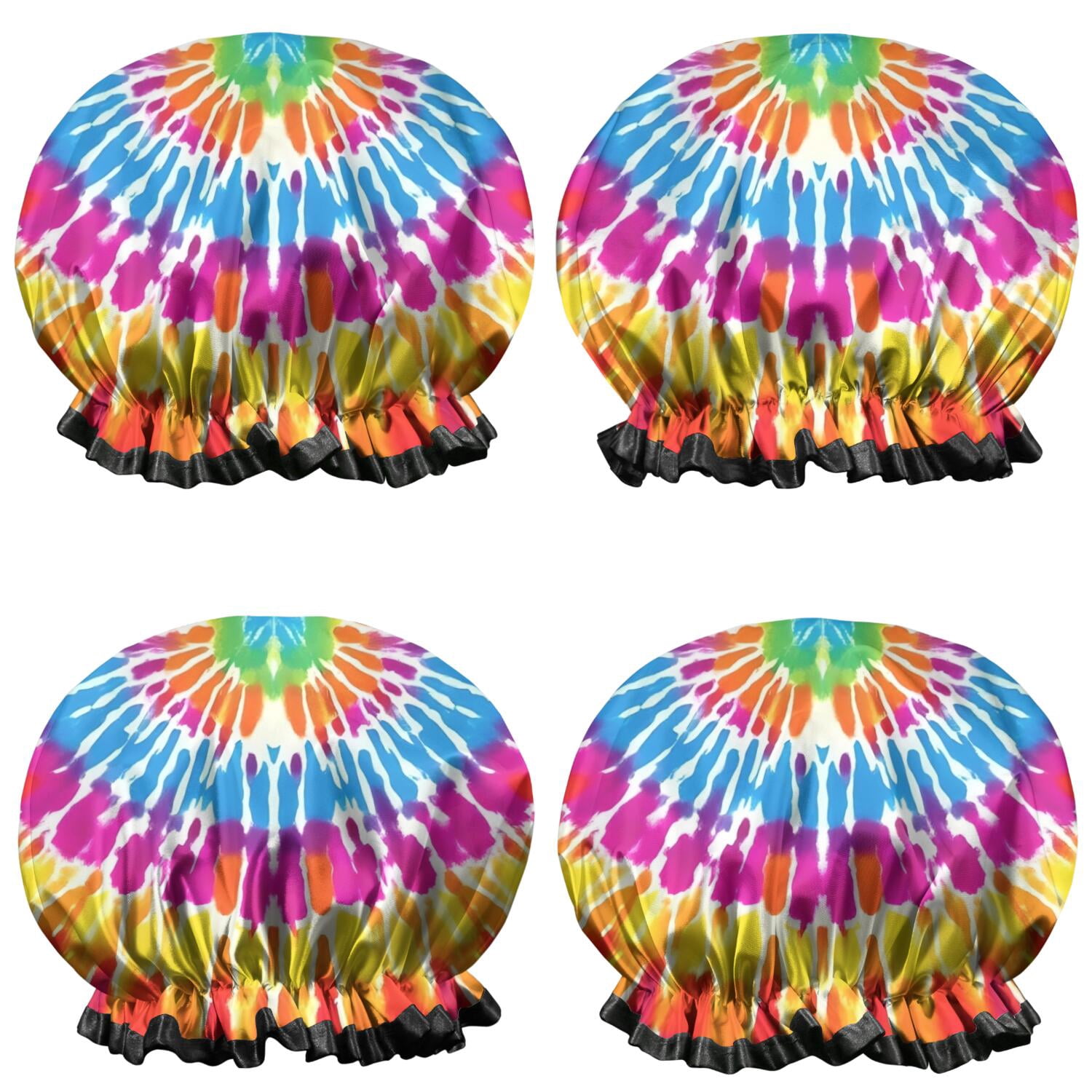 Shower Caps,Colorful Rainbow Tie Dye Spiral Pattern Waterproof Shower Cap for Women 4 Pieces,Double Reusable Hair Cover for Shower PEVA Elastic Stretch Hem