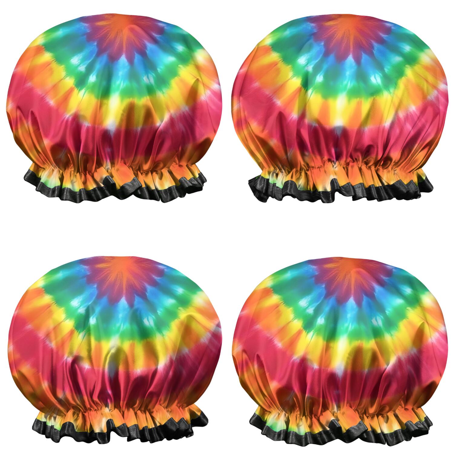 Shower Caps,Colorful Rainbow Tie Dye Spiral Pattern Waterproof Shower Cap for Women 4 Pieces,Double Reusable Hair Cover for Shower PEVA Elastic Stretch Hem