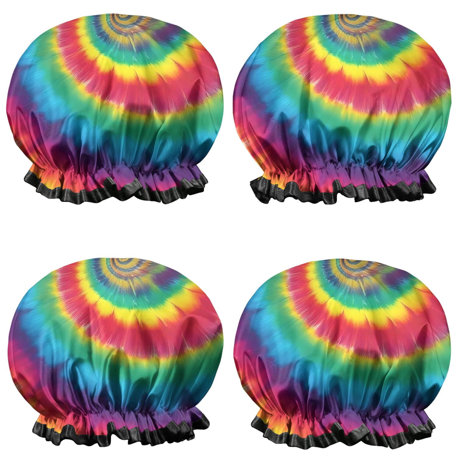 Shower Caps,Colorful Rainbow Tie Dye Spiral Pattern Waterproof Shower Cap for Women 4 Pieces,Double Reusable Hair Cover for Shower PEVA Elastic Stretch Hem