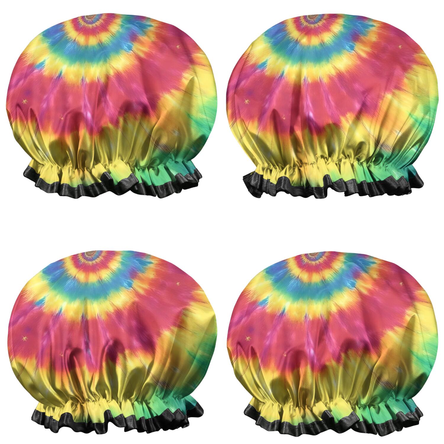 Shower Caps,Colorful Rainbow Tie Dye Spiral Pattern Waterproof Shower Cap for Women 4 Pieces,Double Reusable Hair Cover for Shower PEVA Elastic Stretch Hem