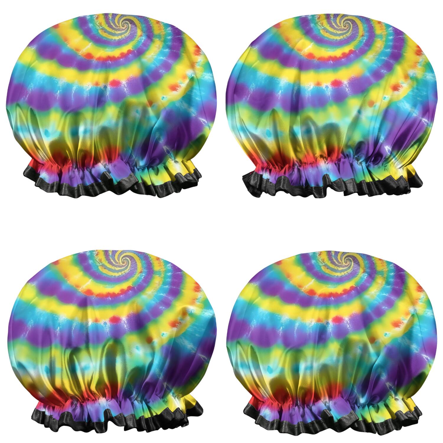Shower Caps,Colorful Rainbow Tie Dye Spiral Pattern Waterproof Shower Cap for Women 4 Pieces,Double Reusable Hair Cover for Shower PEVA Elastic Stretch Hem