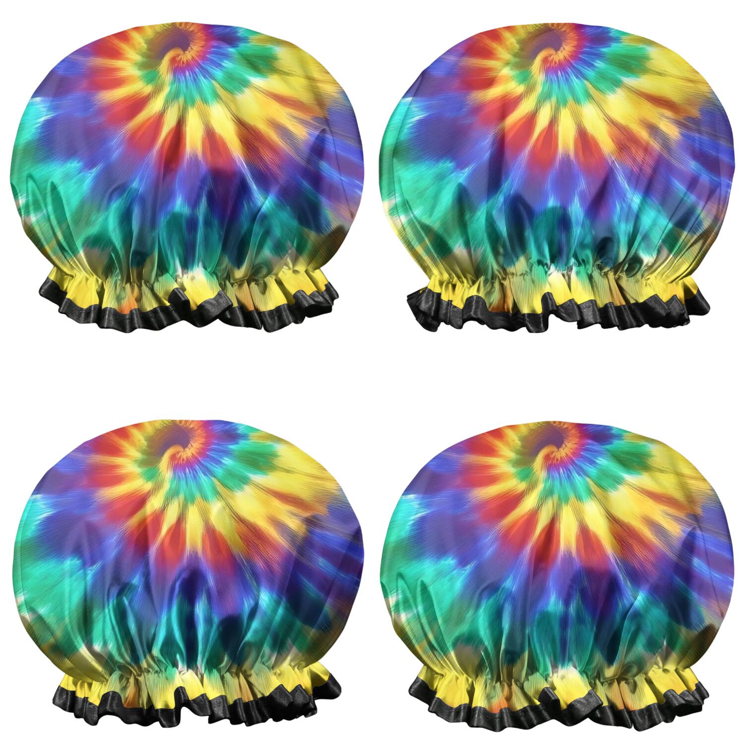 Shower Caps,Colorful Rainbow Tie Dye Spiral Pattern Waterproof Shower Cap for Women 4 Pieces,Double Reusable Hair Cover for Shower PEVA Elastic Stretch Hem