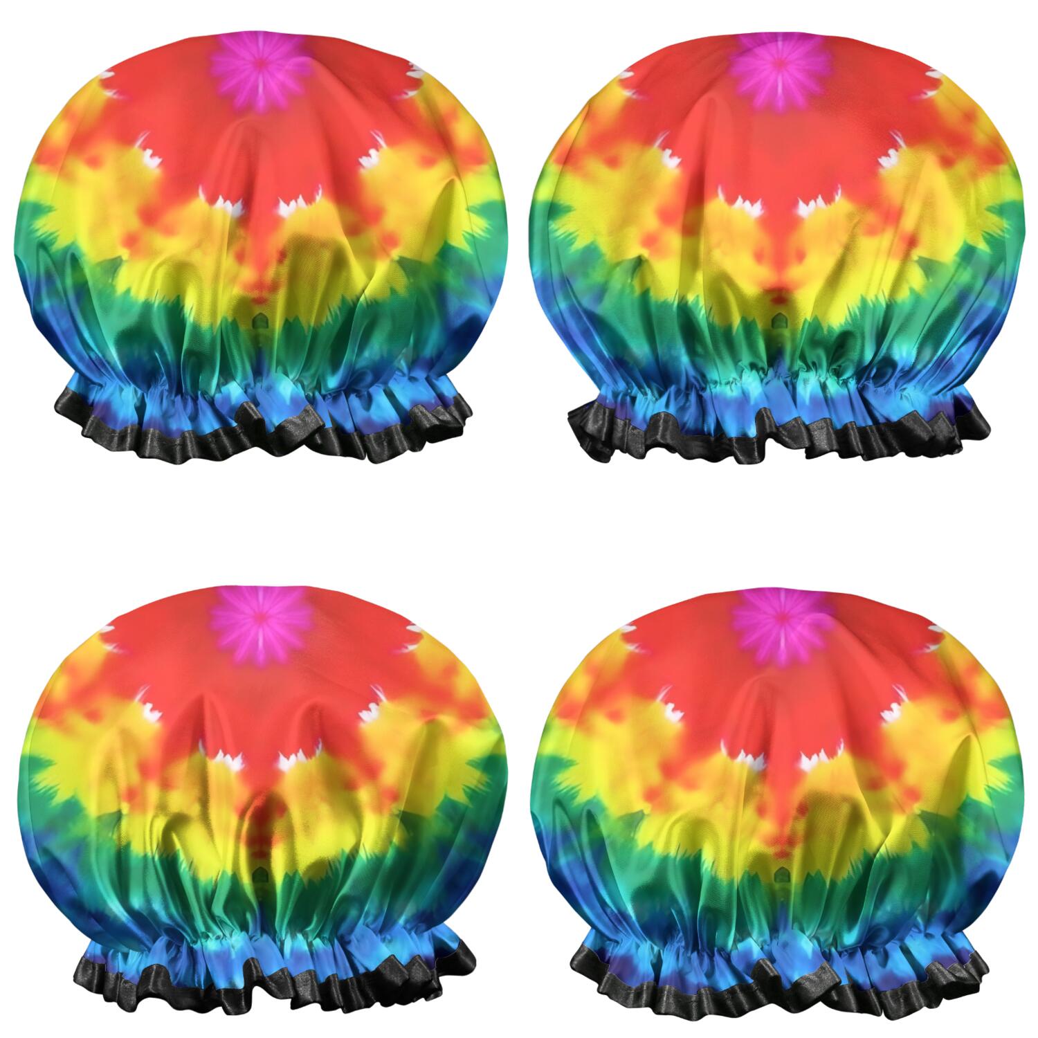 Shower Caps,Colorful Rainbow Tie Dye Spiral Pattern Waterproof Shower Cap for Women 4 Pieces,Double Reusable Hair Cover for Shower PEVA Elastic Stretch Hem