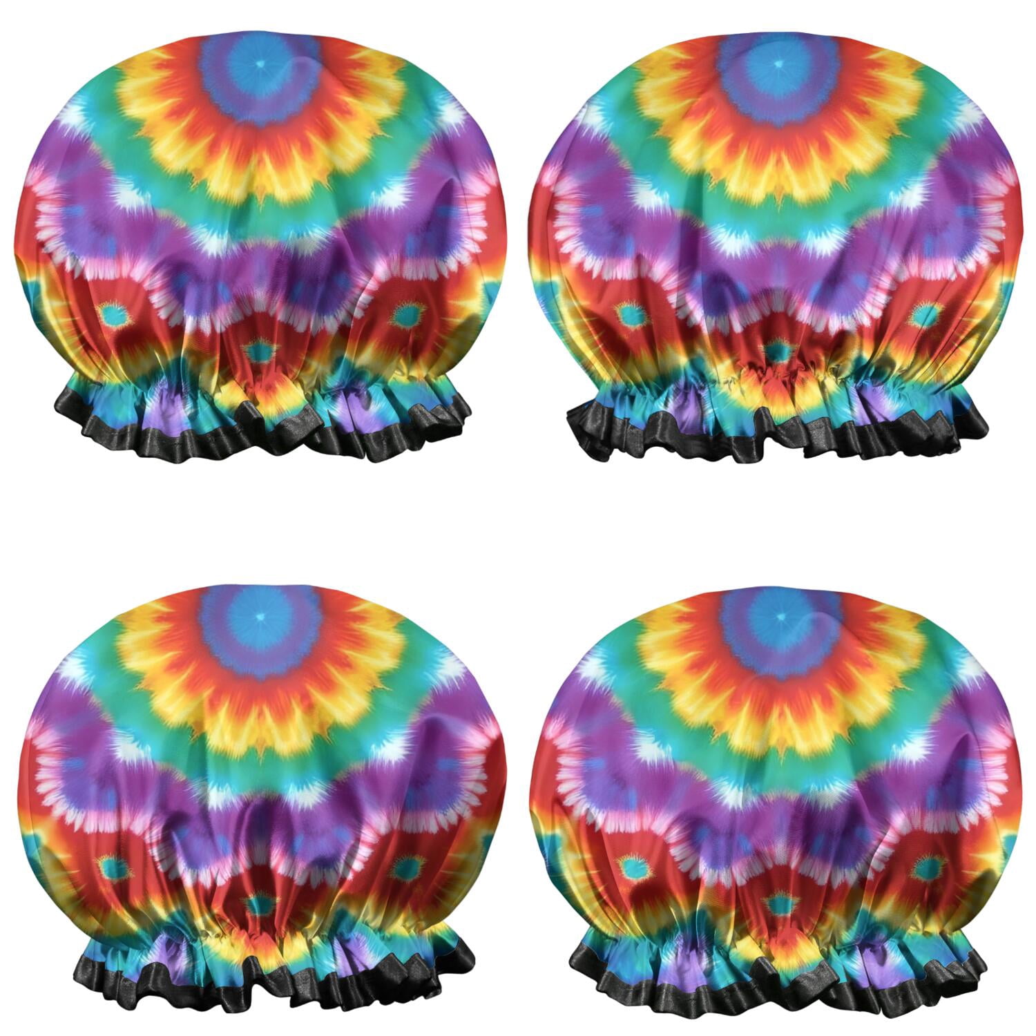 Shower Caps,Colorful Rainbow Tie Dye Spiral Pattern Waterproof Shower Cap for Women 4 Pieces,Double Reusable Hair Cover for Shower PEVA Elastic Stretch Hem