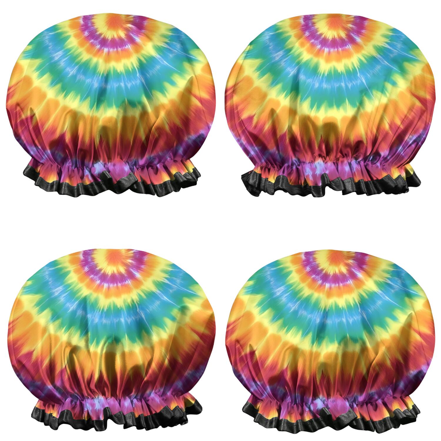 Shower Caps,Colorful Rainbow Tie Dye Spiral Pattern Waterproof Shower Cap for Women 4 Pieces,Double Reusable Hair Cover for Shower PEVA Elastic Stretch Hem
