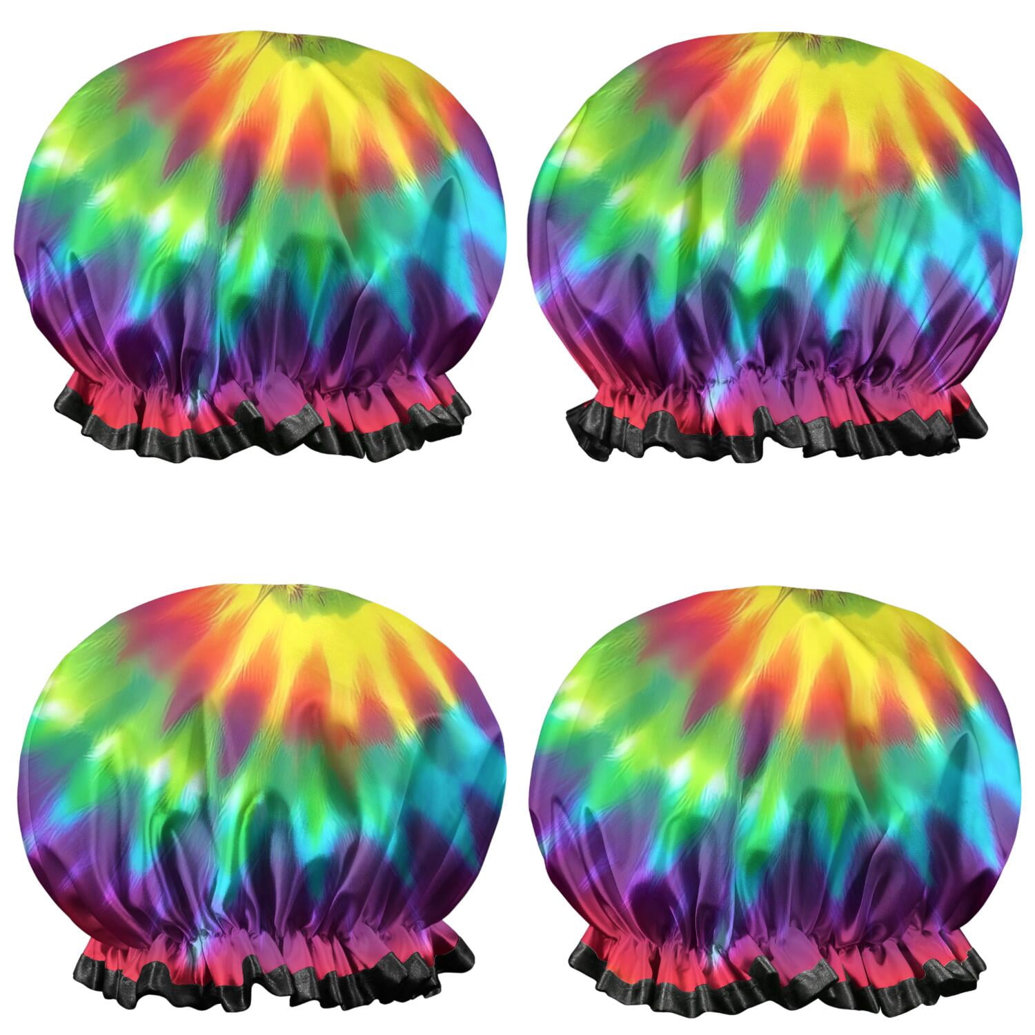 Shower Caps,Colorful Rainbow Tie Dye Spiral Pattern Waterproof Shower Cap for Women 4 Pieces,Double Reusable Hair Cover for Shower PEVA Elastic Stretch Hem