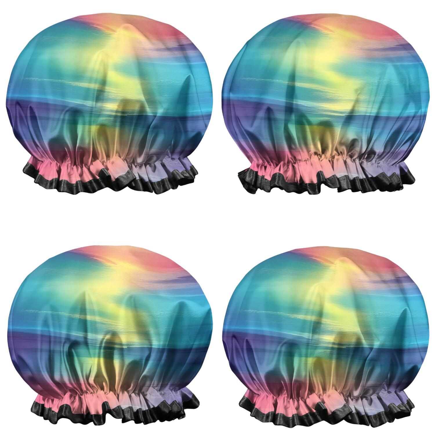 Shower Caps,Colorful Striped Pattern Waterproof Shower Cap for Women 4 Pieces,Double Reusable Hair Cover for Shower PEVA Elastic Stretch Hem
