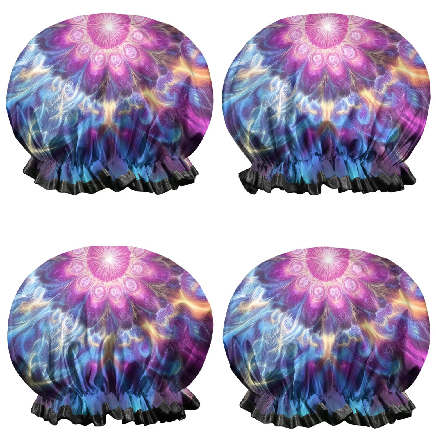 Shower Caps,Colorful Tie Dye Flame Flower Pattern Waterproof Shower Cap for Women 4 Pieces,Double Reusable Hair Cover for Shower PEVA Elastic Stretch Hem