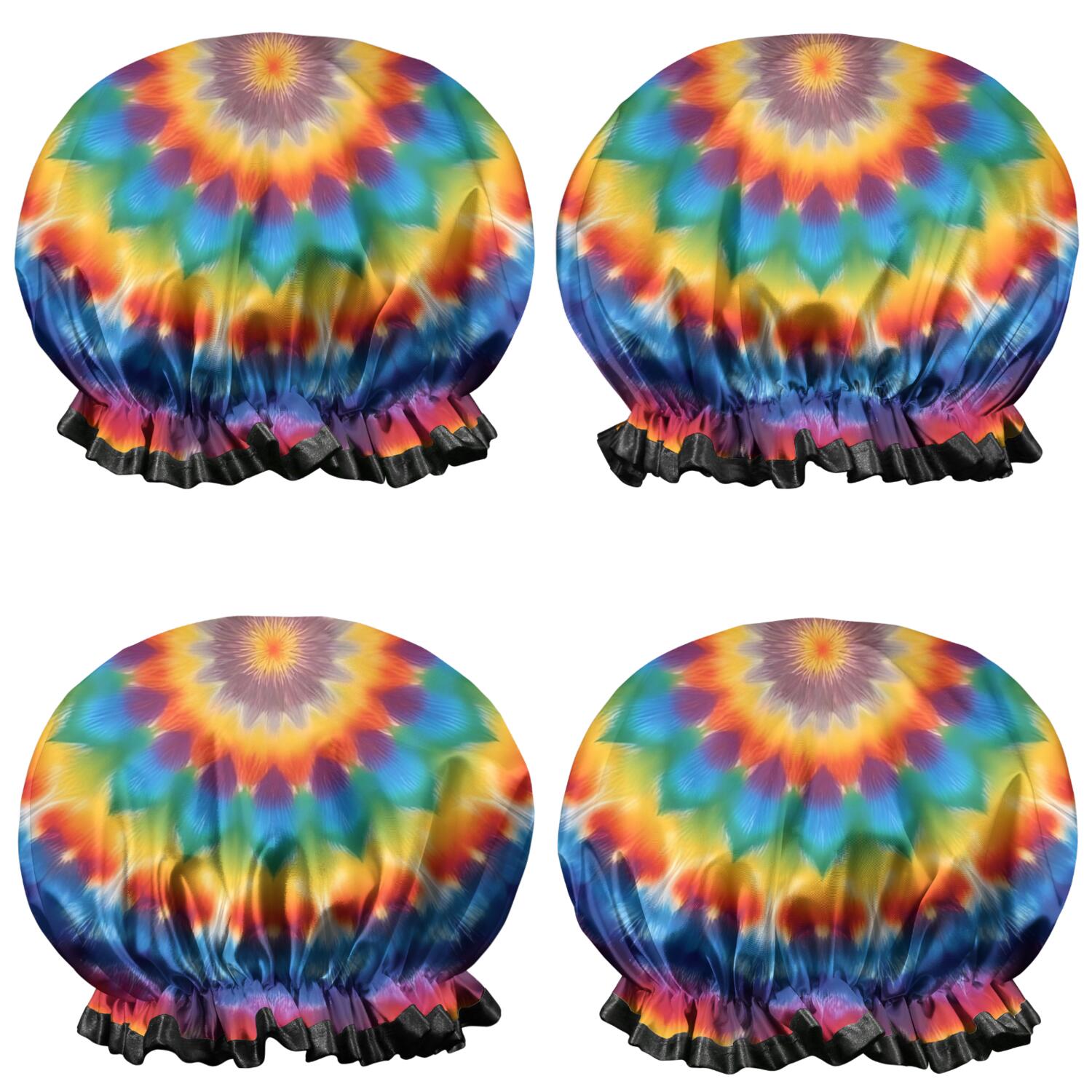 Shower Caps,Colorful Tie Dye Floral Mandala Waterproof Shower Cap for Women 4 Pieces,Double Reusable Hair Cover for Shower PEVA Elastic Stretch Hem