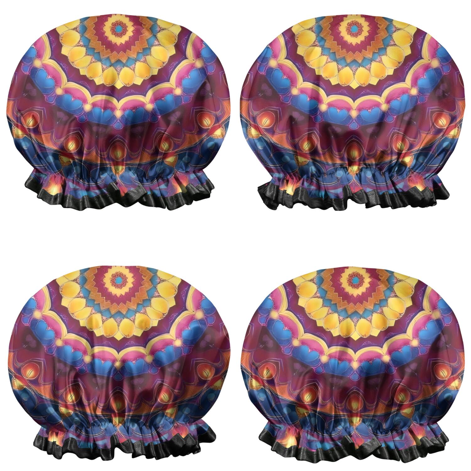 Shower Caps,Colorful Tie Dye Luminous Mandala Pattern Waterproof Shower Cap for Women 4 Pieces,Double Reusable Hair Cover for Shower PEVA Elastic Stretch Hem