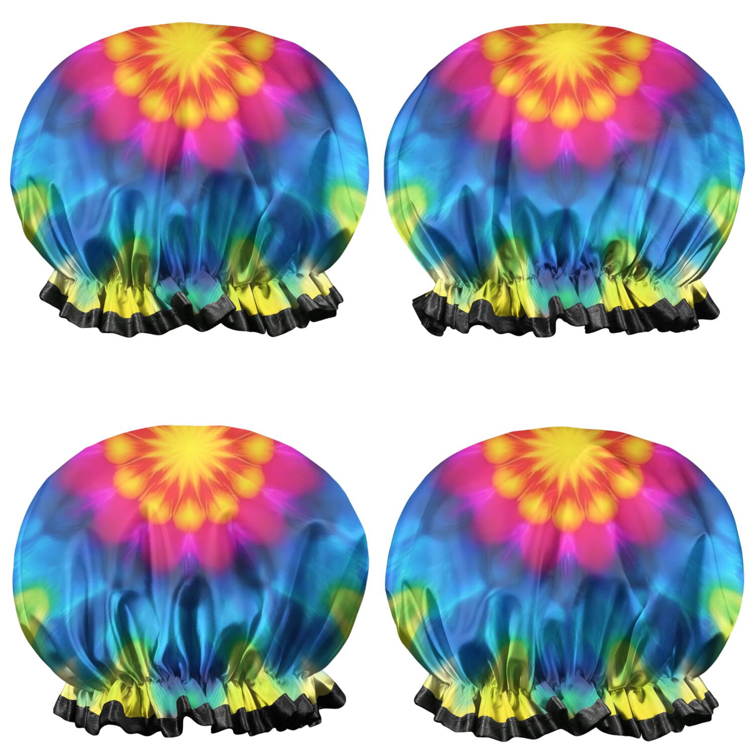 Shower Caps,Colorful Tie Dye Mandala Pattern Waterproof Shower Cap for Women 4 Pieces,Double Reusable Hair Cover for Shower PEVA Elastic Stretch Hem