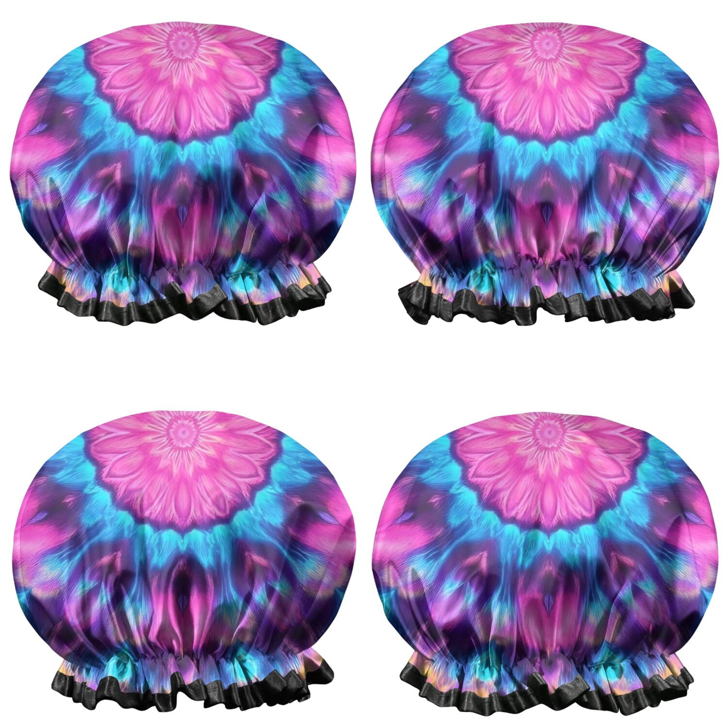 Shower Caps,Colorful Tie Dye Mandala Pattern Waterproof Shower Cap for Women 4 Pieces,Double Reusable Hair Cover for Shower PEVA Elastic Stretch Hem