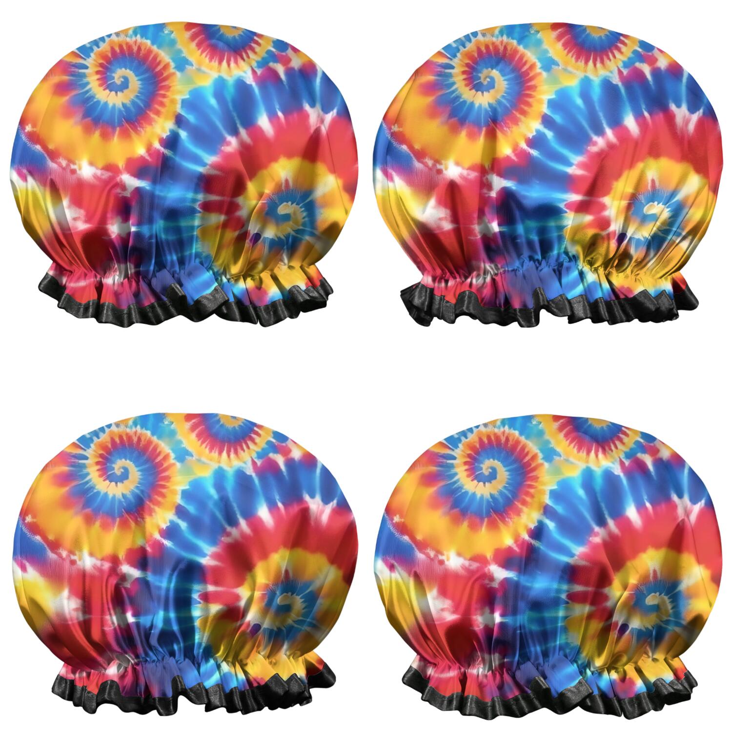 Shower Caps,Colorful Tie Dye Multi Spiral Pattern Waterproof Shower Cap for Women 4 Pieces,Double Reusable Hair Cover for Shower PEVA Elastic Stretch Hem