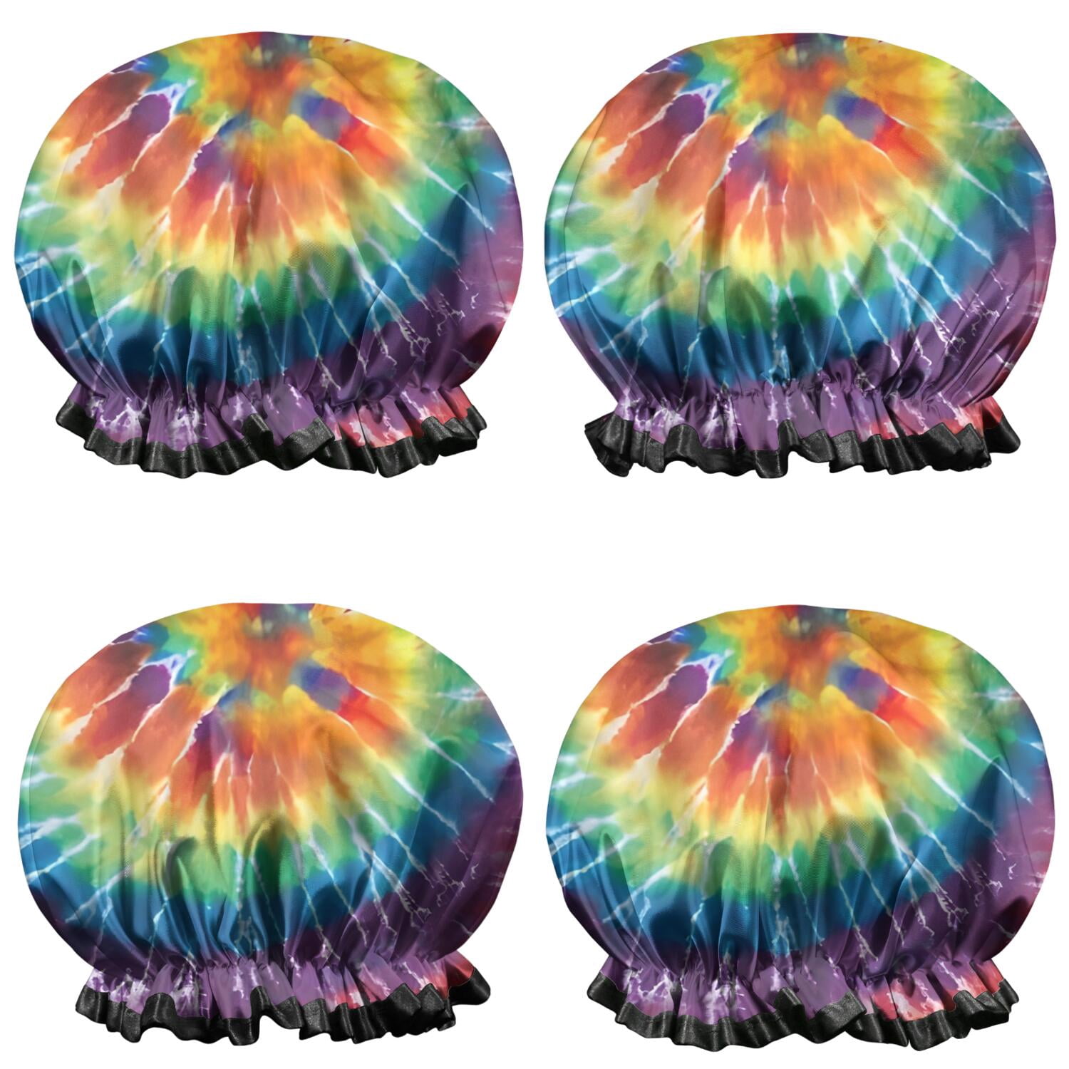 Shower Caps,Colorful Tie Dye Pattern Waterproof Shower Cap for Women 4 Pieces,Double Reusable Hair Cover for Shower PEVA Elastic Stretch Hem