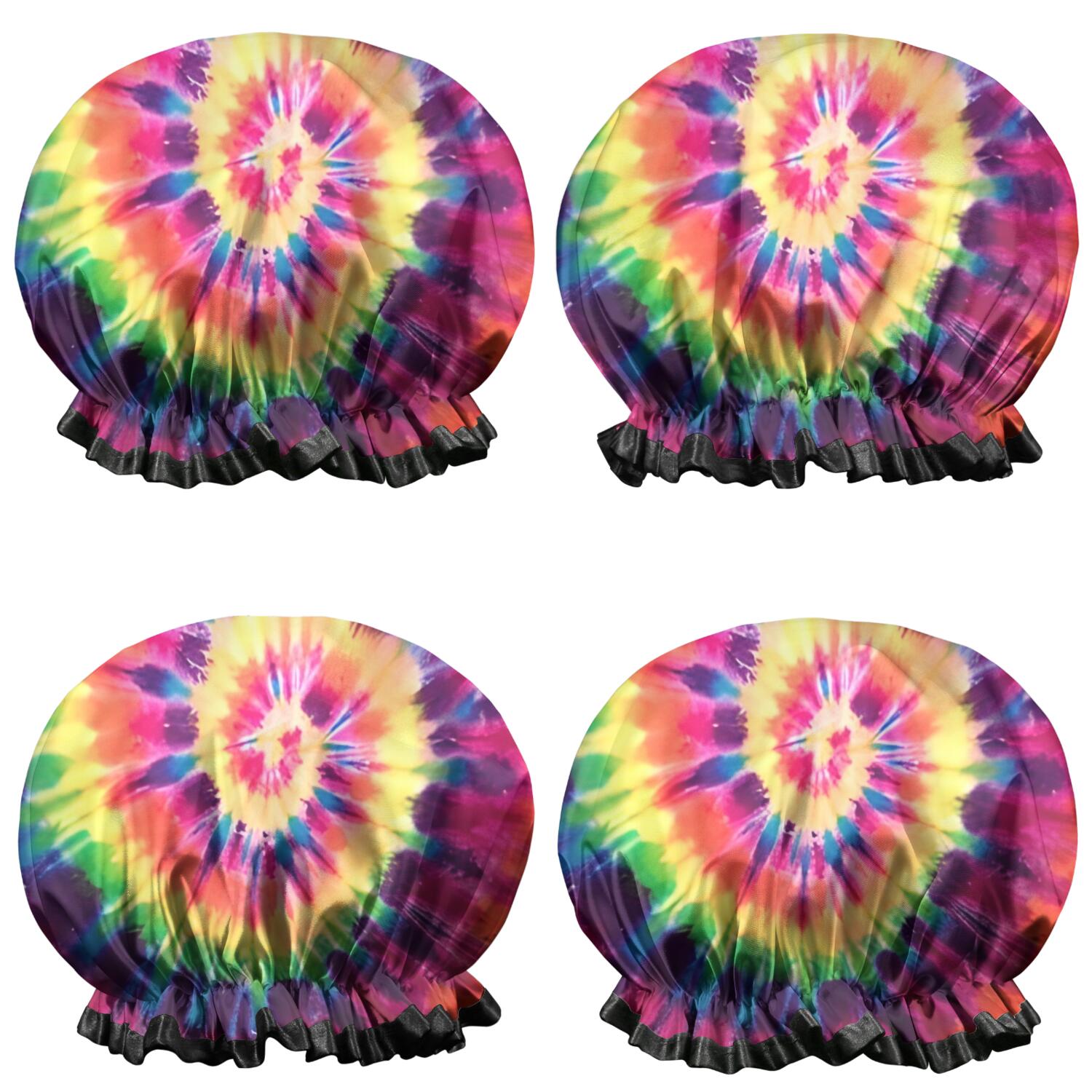 Shower Caps,Colorful Tie Dye Pattern Waterproof Shower Cap for Women 4 Pieces,Double Reusable Hair Cover for Shower PEVA Elastic Stretch Hem