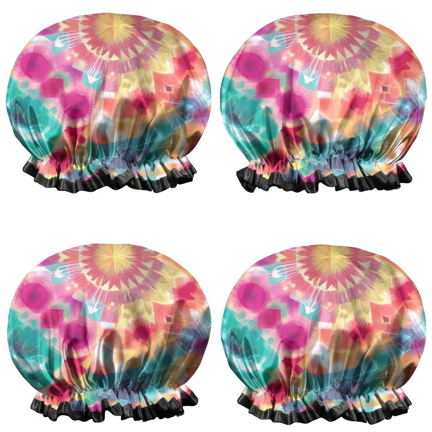 Shower Caps,Colorful Tie Dye Pattern Waterproof Shower Cap for Women 4 Pieces,Double Reusable Hair Cover for Shower PEVA Elastic Stretch Hem