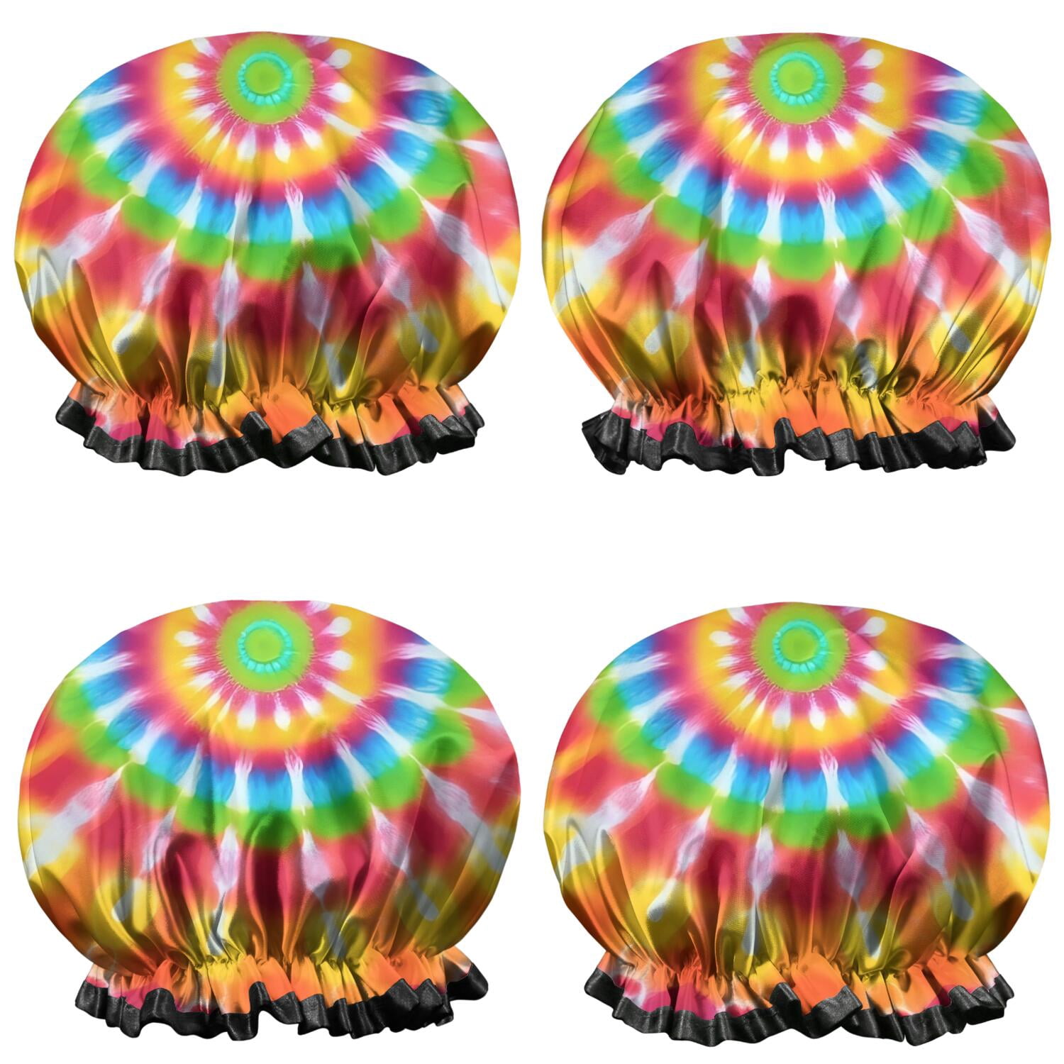 Shower Caps,Colorful Tie Dye Spiral Mandala Waterproof Shower Cap for Women 4 Pieces,Double Reusable Hair Cover for Shower PEVA Elastic Stretch Hem
