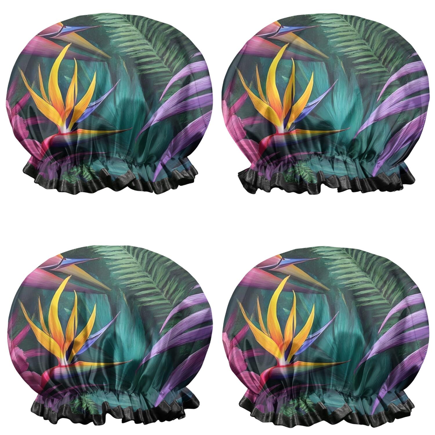 Shower Caps,Colorful Tropical Leaf Pattern Waterproof Shower Cap for Women 4 Pieces,Double Reusable Hair Cover for Shower PEVA Elastic Stretch Hem