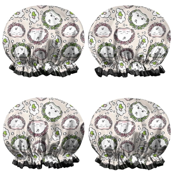 Shower Caps,Cute Faces Pattern Waterproof Shower Cap for Women 4 Pieces,Double Reusable Hair Cover for Shower PEVA Elastic Stretch Hem