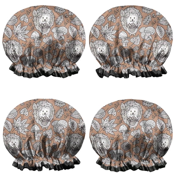 Shower Caps,Cute Hedgehog Mushroom Leaves Pattern Waterproof Shower Cap for Women 4 Pieces,Double Reusable Hair Cover for Shower PEVA Elastic Stretch Hem