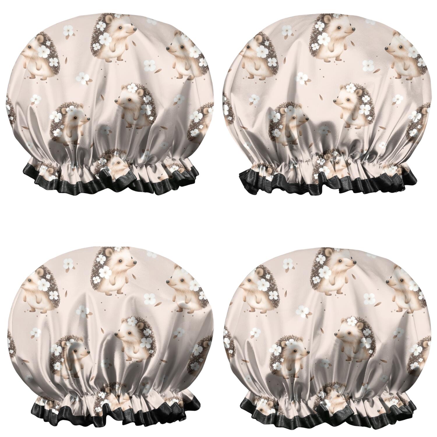 Shower Caps,Cute Hedgehog Pattern with Flowers Waterproof Shower Cap for Women 4 Pieces,Double Reusable Hair Cover for Shower PEVA Elastic Stretch Hem