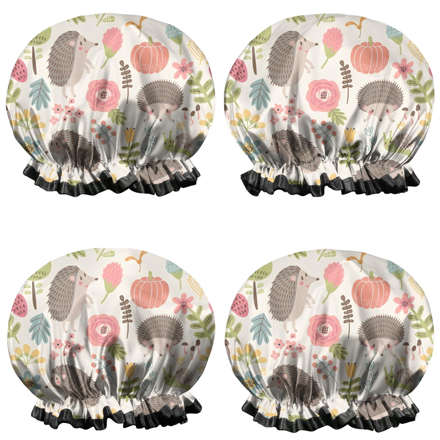 Shower Caps,Cute Hedgehog Pattern with Pioneer Flower Waterproof Shower Cap for Women 4 Pieces,Double Reusable Hair Cover for Shower PEVA Elastic Stretch Hem