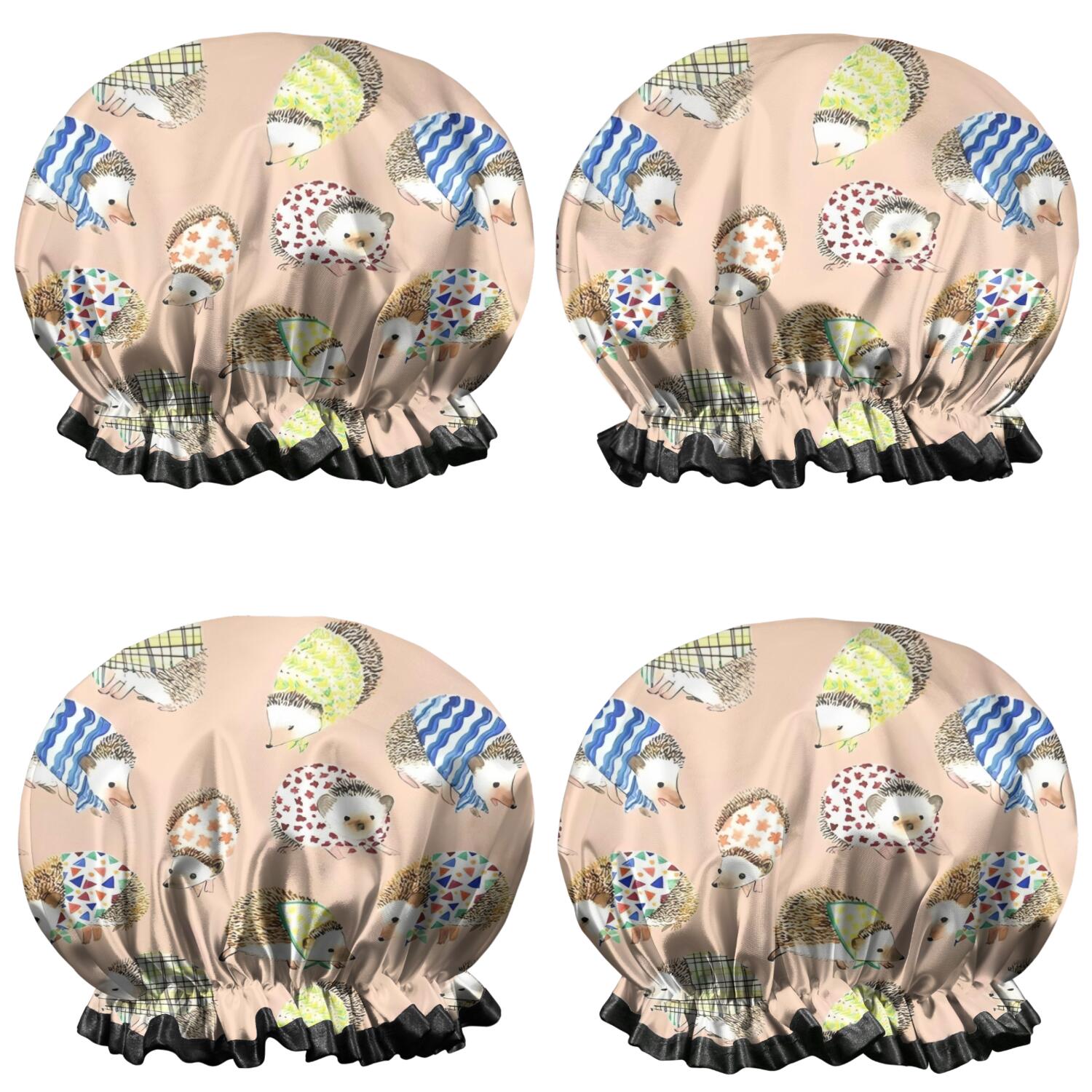 Shower Caps,Cute Hedgehog Pattern Waterproof Shower Cap for Women 4 Pieces,Double Reusable Hair Cover for Shower PEVA Elastic Stretch Hem