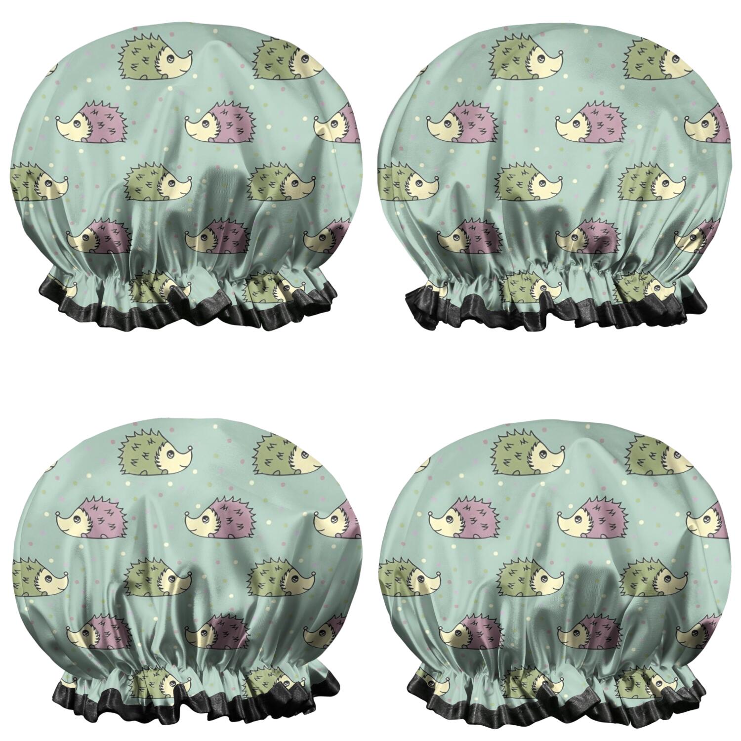 Shower Caps,Cute Hedgehog Pattern Waterproof Shower Cap for Women 4 Pieces,Double Reusable Hair Cover for Shower PEVA Elastic Stretch Hem