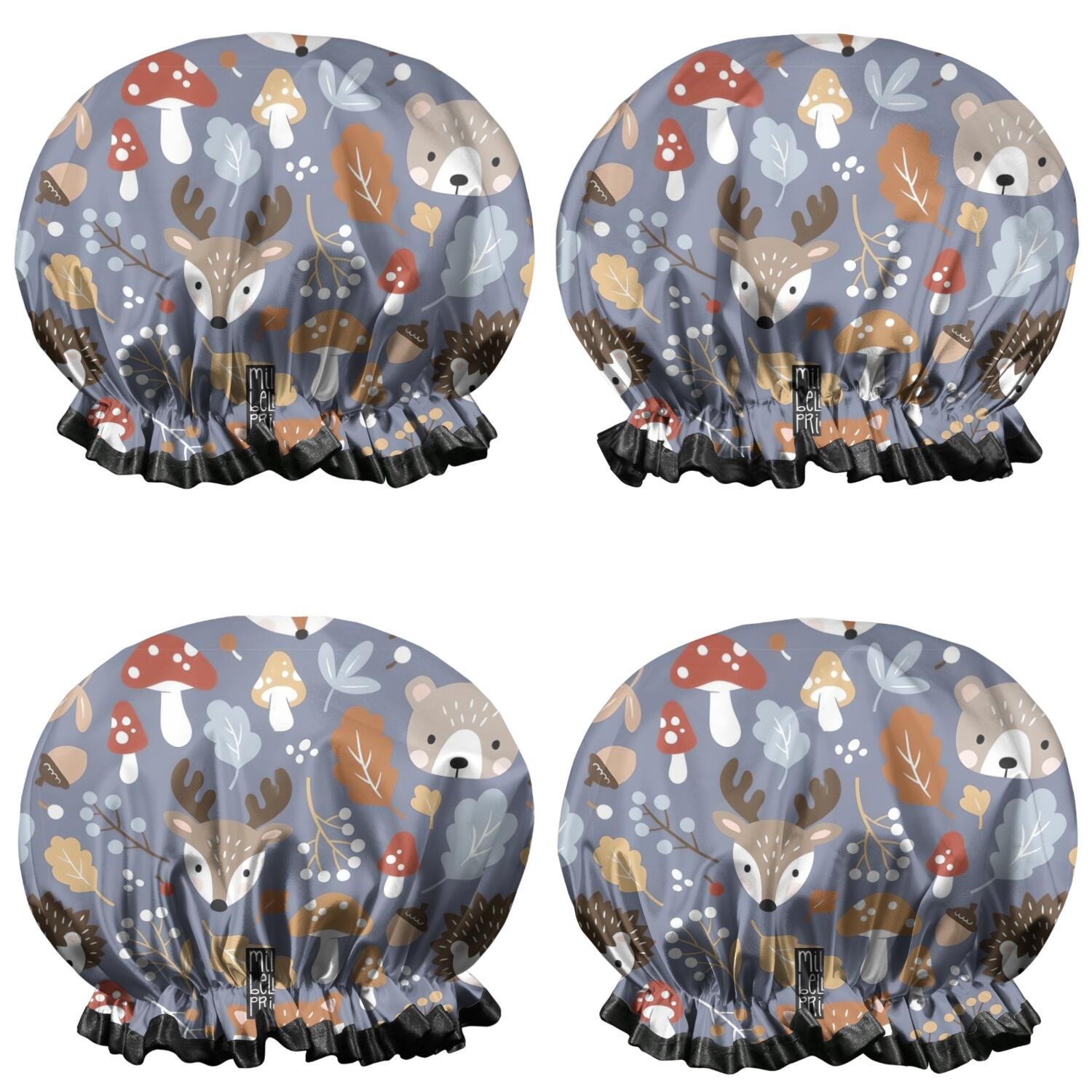 Shower Caps,Cute Hedgehogs and Forest Animals Pattern Waterproof Shower Cap for Women 4 Pieces,Double Reusable Hair Cover for Shower PEVA Elastic Stretch Hem