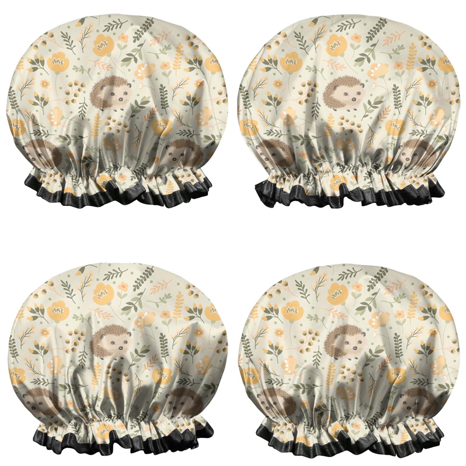 Shower Caps,Cute Hedgehogs and Pioneer Flower Pattern Waterproof Shower Cap for Women 4 Pieces,Double Reusable Hair Cover for Shower PEVA Elastic Stretch Hem