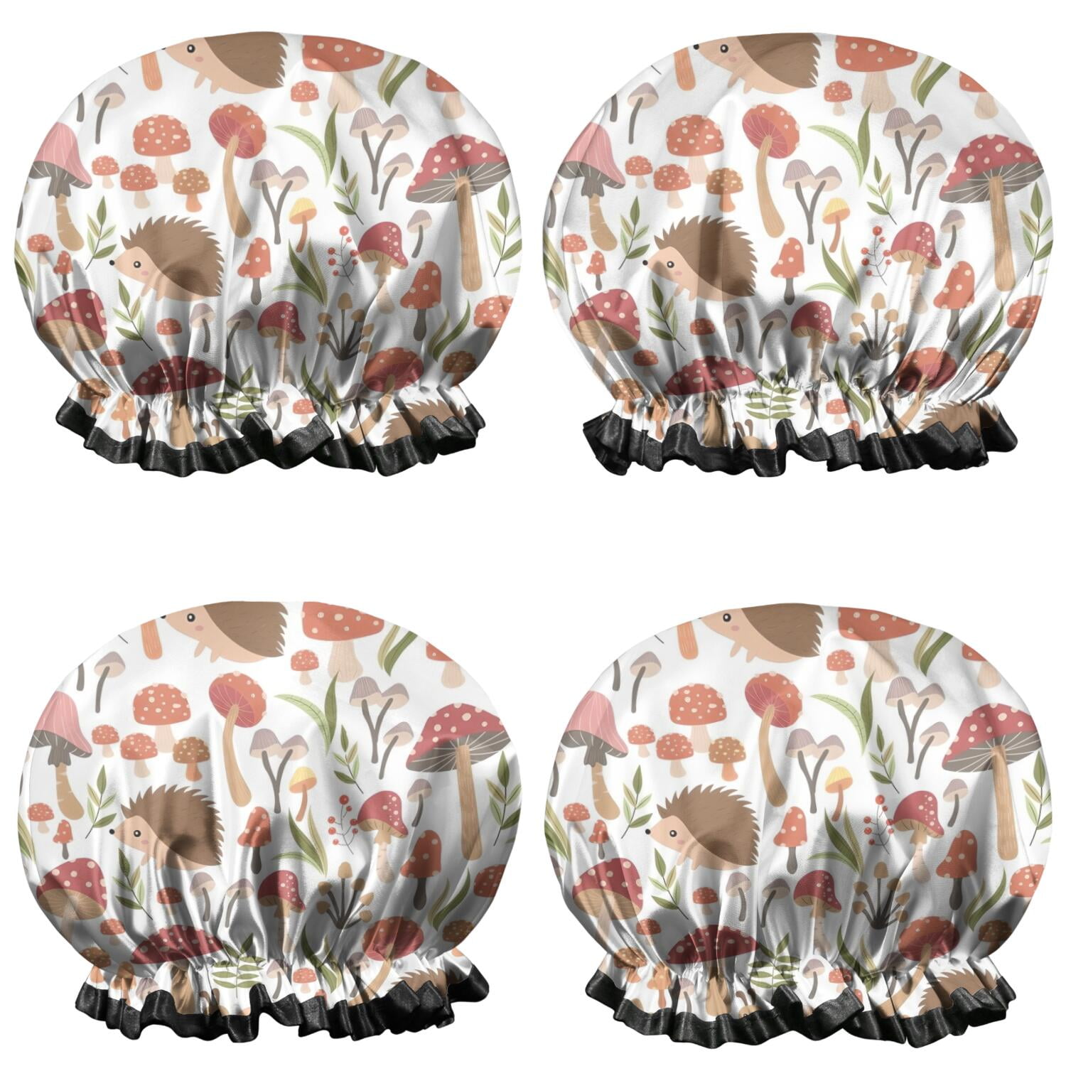 Shower Caps,Cute Hedgehogs and Red Mushrooms Snails Pattern Waterproof Shower Cap for Women 4 Pieces,Double Reusable Hair Cover for Shower PEVA Elastic Stretch Hem