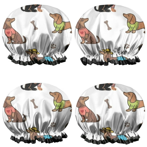 Shower Caps,Dachshund Footprint Bone Waterproof Shower Cap for Women 4 Pieces,Double Reusable Hair Cover for Shower PEVA Elastic Stretch Hem