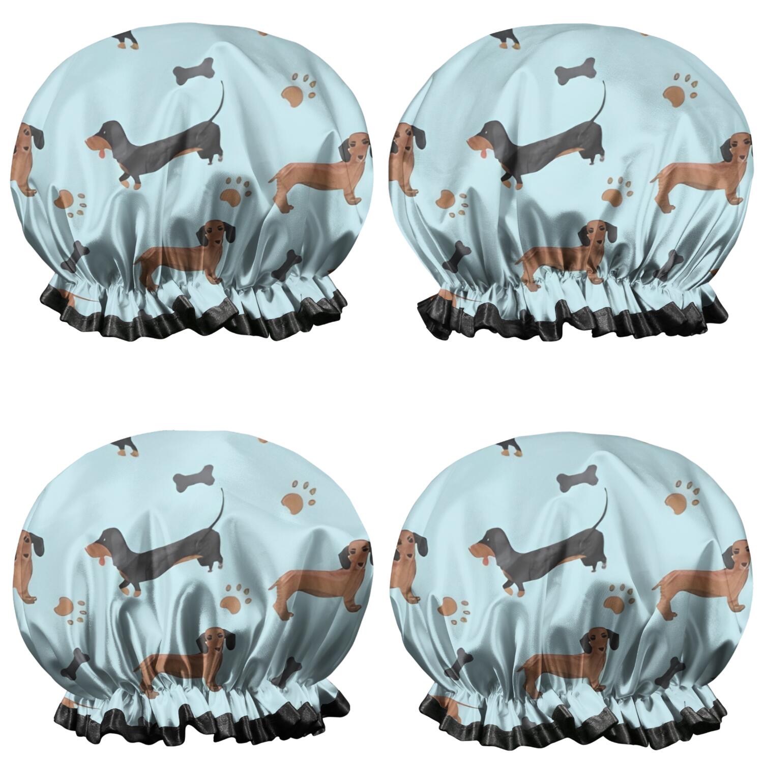 Shower Caps,Dachshund Footprint Bone Waterproof Shower Cap for Women 4 Pieces,Double Reusable Hair Cover for Shower PEVA Elastic Stretch Hem