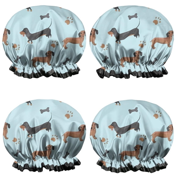 Shower Caps,Dachshund Footprint Bone Waterproof Shower Cap for Women 4 Pieces,Double Reusable Hair Cover for Shower PEVA Elastic Stretch Hem