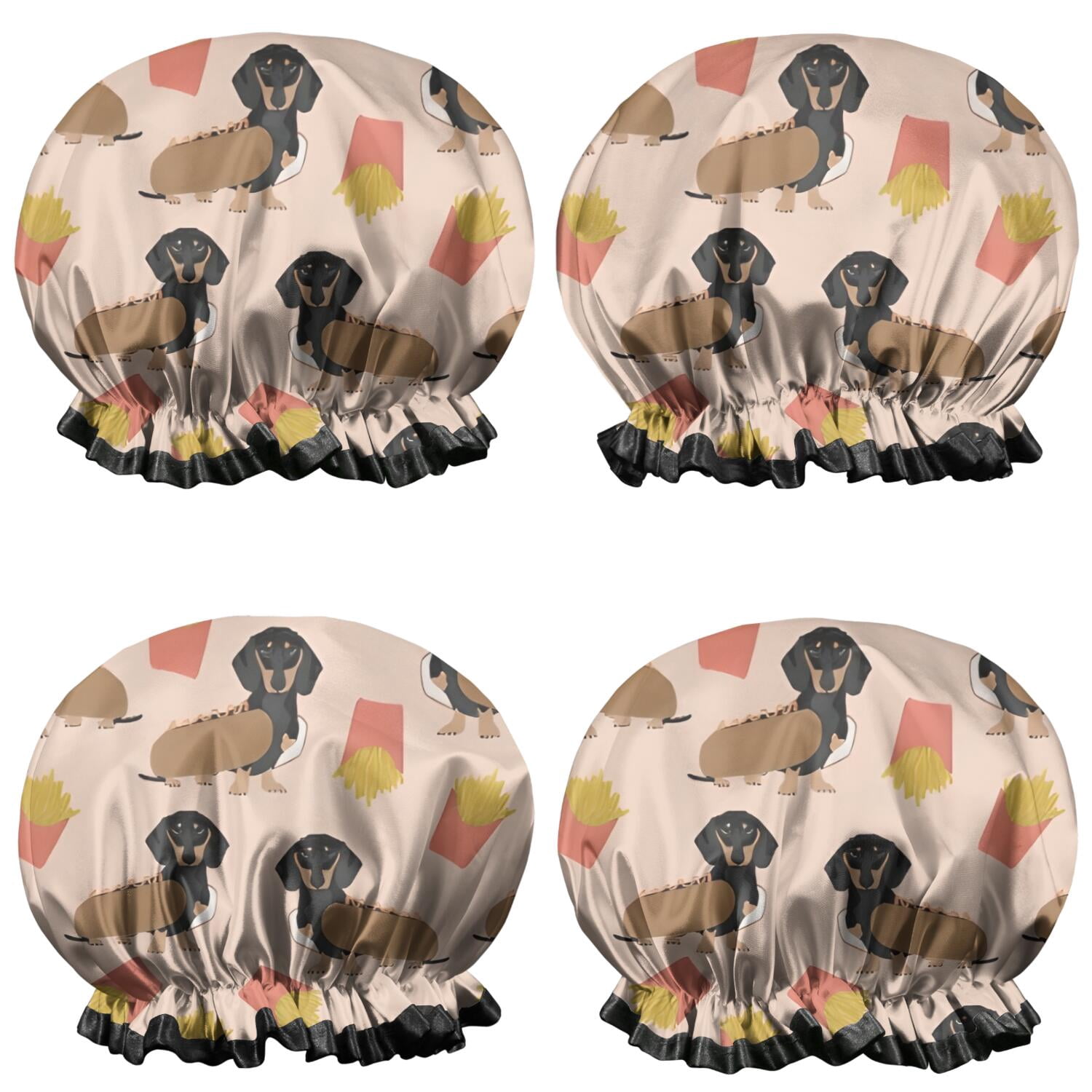 Shower Caps,Dachshund Hotdog Fries Waterproof Shower Cap for Women 4 Pieces,Double Reusable Hair Cover for Shower PEVA Elastic Stretch Hem
