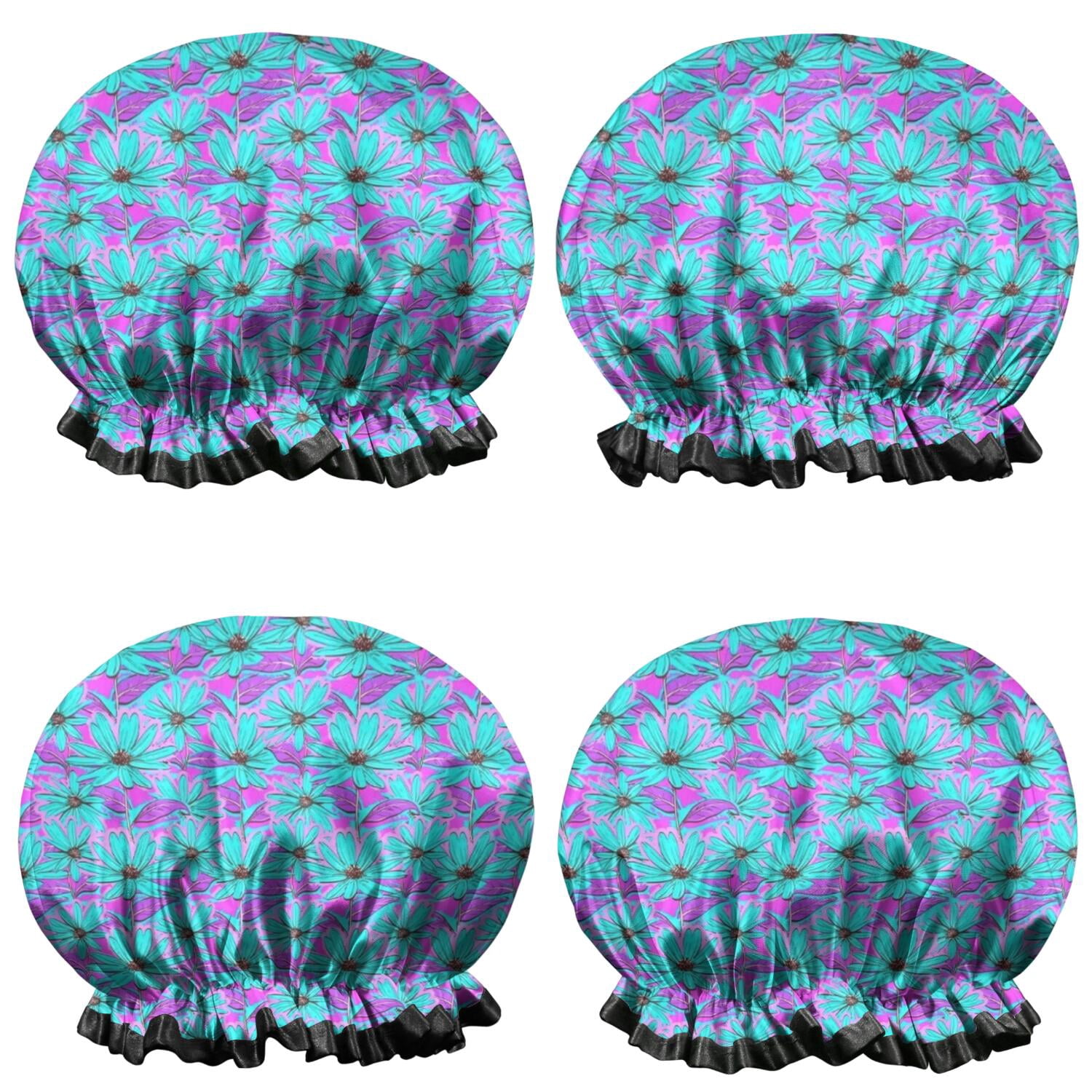 Shower Caps,Daisy Flower Blue Blooms Pattern Waterproof Shower Cap for Women 4 Pieces,Double Reusable Hair Cover for Shower PEVA Elastic Stretch Hem