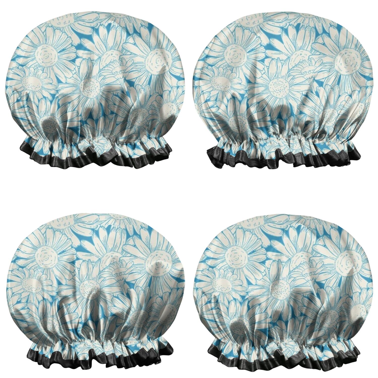 Shower Caps,Daisy Flower Pattern Waterproof Shower Cap for Women 4 Pieces,Double Reusable Hair Cover for Shower PEVA Elastic Stretch Hem