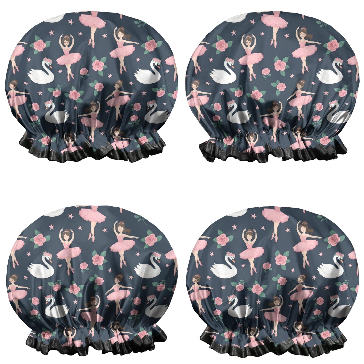 Shower Caps,Dark Blue Ballerina Swan Pattern Waterproof Shower Cap for Women 4 Pieces,Double Reusable Hair Cover for Shower PEVA Elastic Stretch Hem