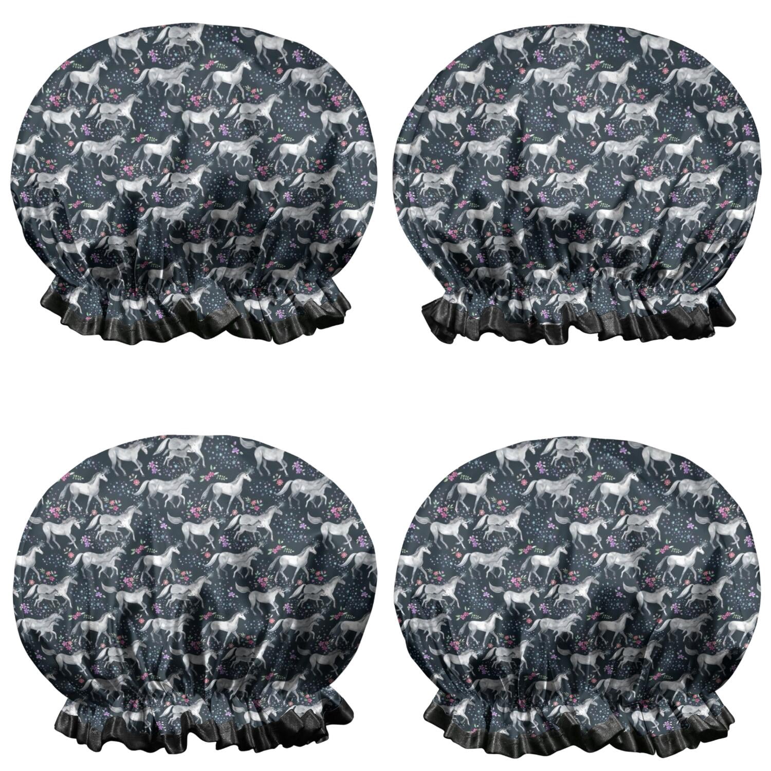 Shower Caps,Dark Blue Cartoon Horse Flower Pattern Waterproof Shower Cap for Women 4 Pieces,Double Reusable Hair Cover for Shower PEVA Elastic Stretch Hem