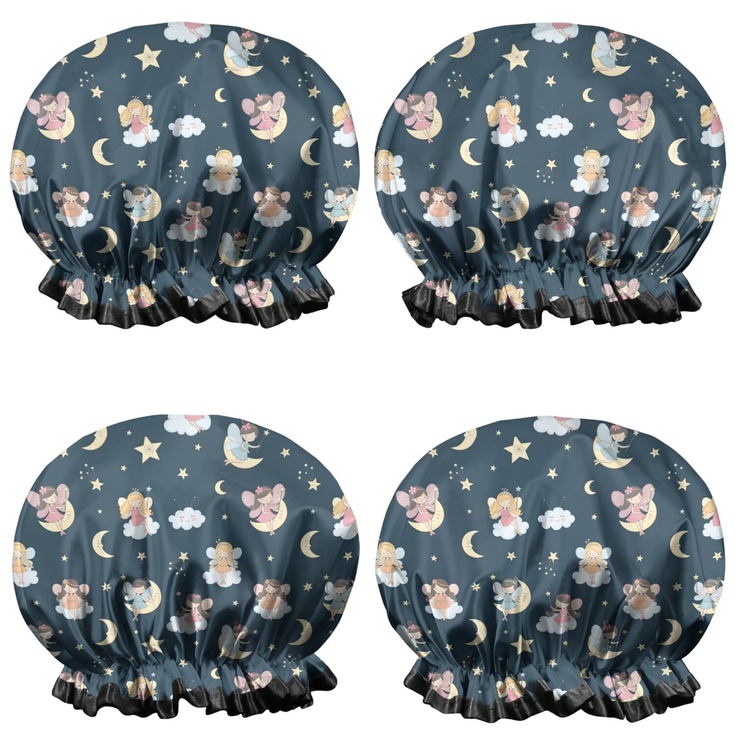 Shower Caps,Dark Blue Star Fairy Pattern Waterproof Shower Cap for Women 4 Pieces,Double Reusable Hair Cover for Shower PEVA Elastic Stretch Hem