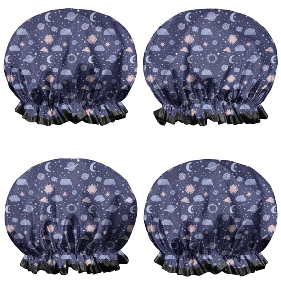 Shower Caps,Dark Blue Sun Moon Cloud Planet Pattern Waterproof Shower Cap for Women 4 Pieces,Double Reusable Hair Cover for Shower PEVA Elastic Stretch Hem