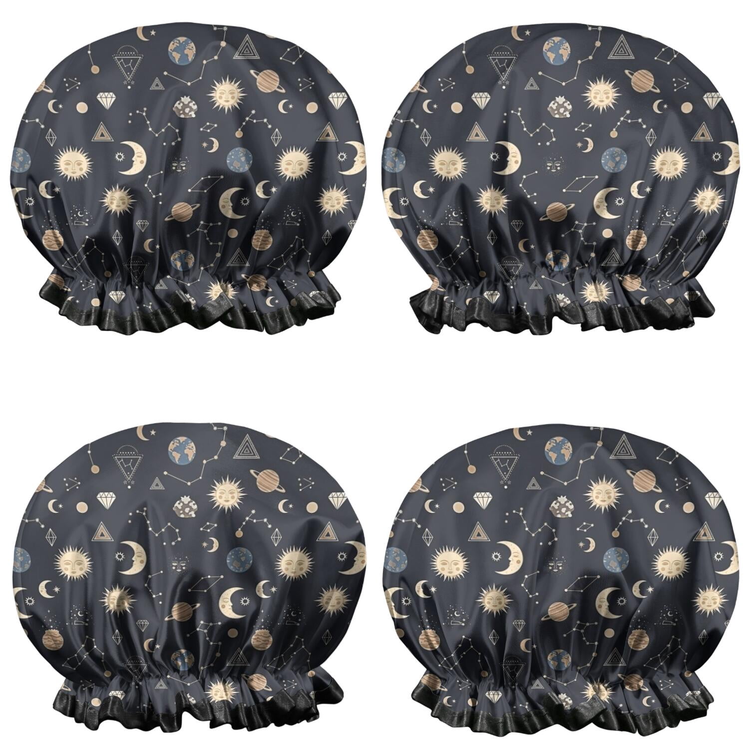 Shower Caps,Dark Blue Sun Moon Cloud Star Pattern Waterproof Shower Cap for Women 4 Pieces,Double Reusable Hair Cover for Shower PEVA Elastic Stretch Hem